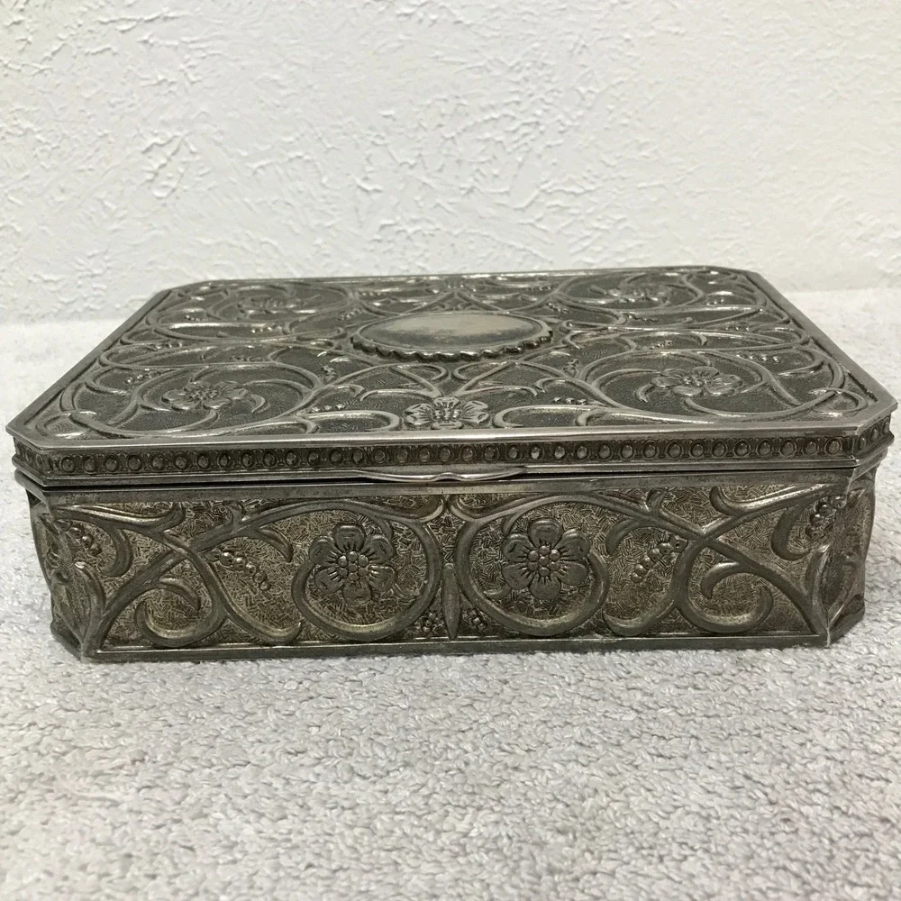 Vintage Godinger Silver Plated Ornate Floral Jewelry Box Red Velvet Lined Large